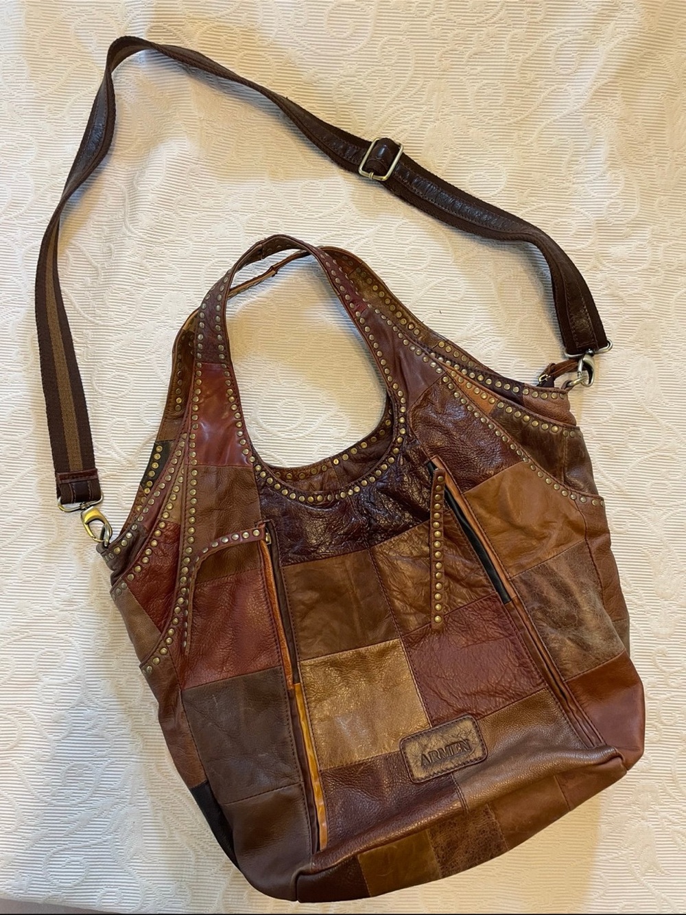 Patchwork Brown Leather Hobo Bag with Stud Detailing